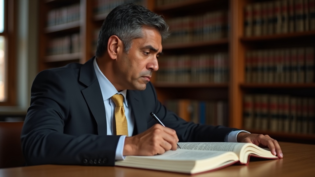 Attorney researching Daubert standards for life care plan rebuttals in university law library with medical reference texts
