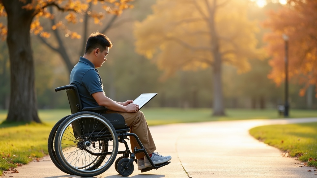 Professional reviewing life care plan methodology on accessible pathway, demonstrating real-world functional assessment context