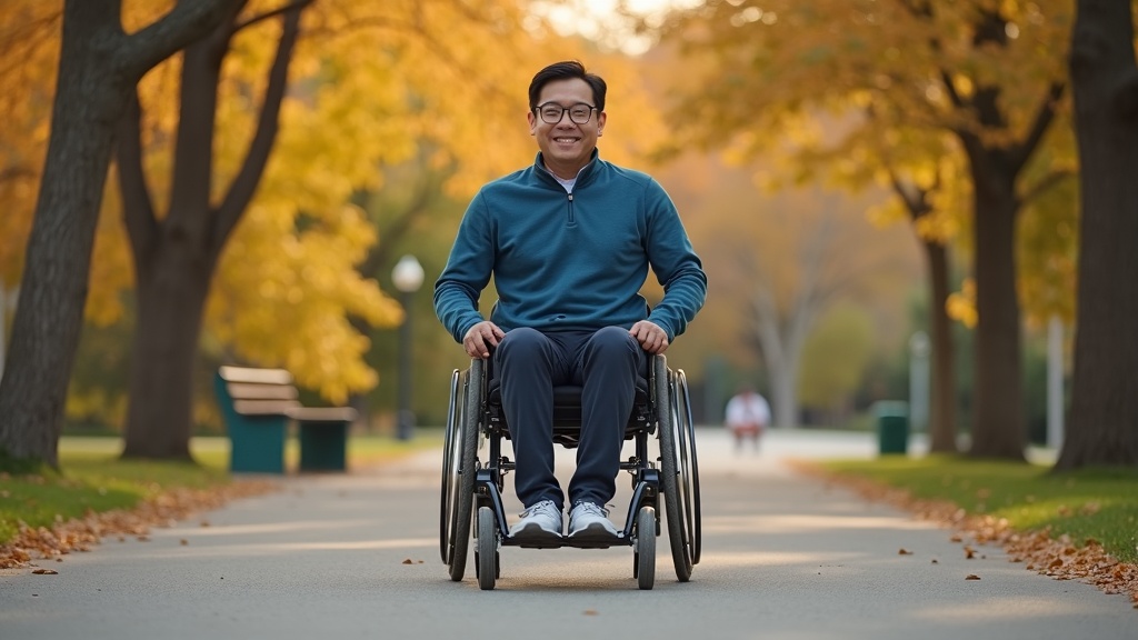 Wheelchair user demonstrating independence on accessible pathway, illustrating what a life care planner assesses for equipment needs