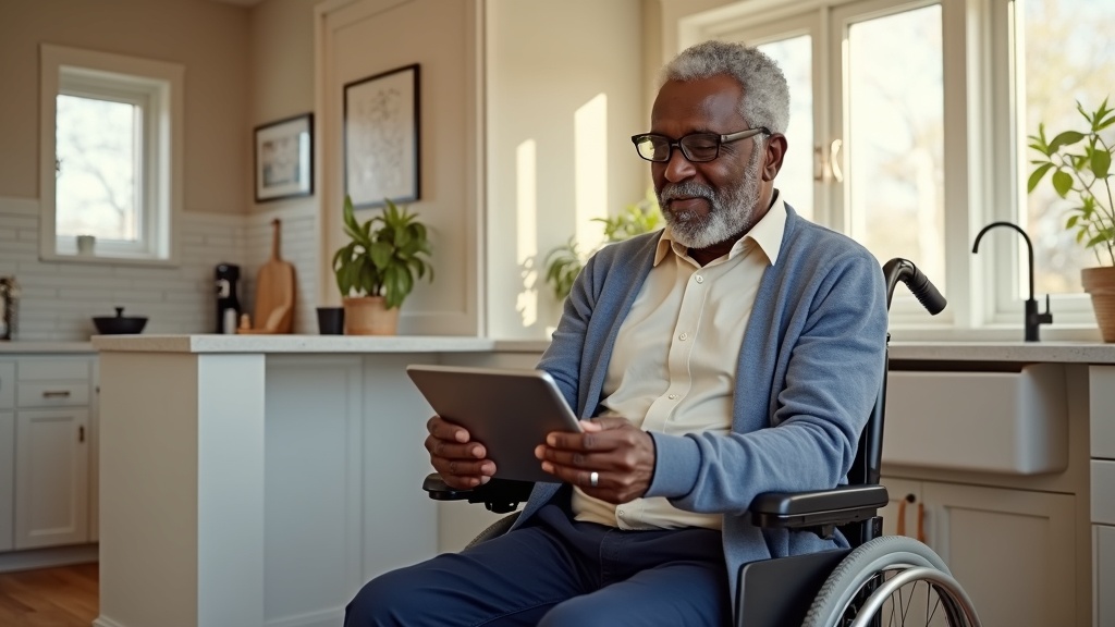 Individual using power wheelchair in accessible home environment, demonstrating what a life care planner evaluates for home modifications