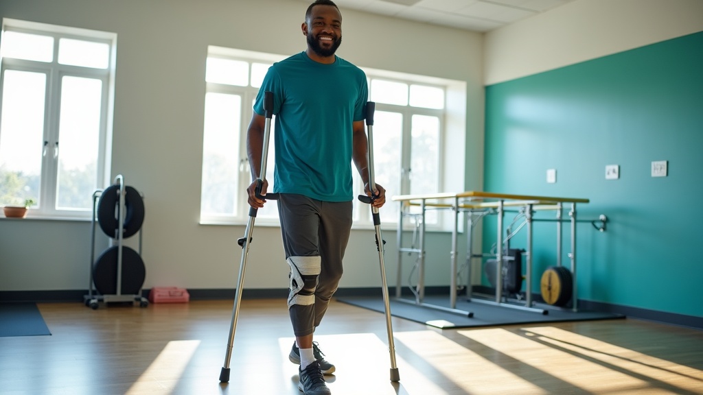 Man with assistive devices in rehabilitation facility working on mobility after t6 autonomic dysfunction with focused determination