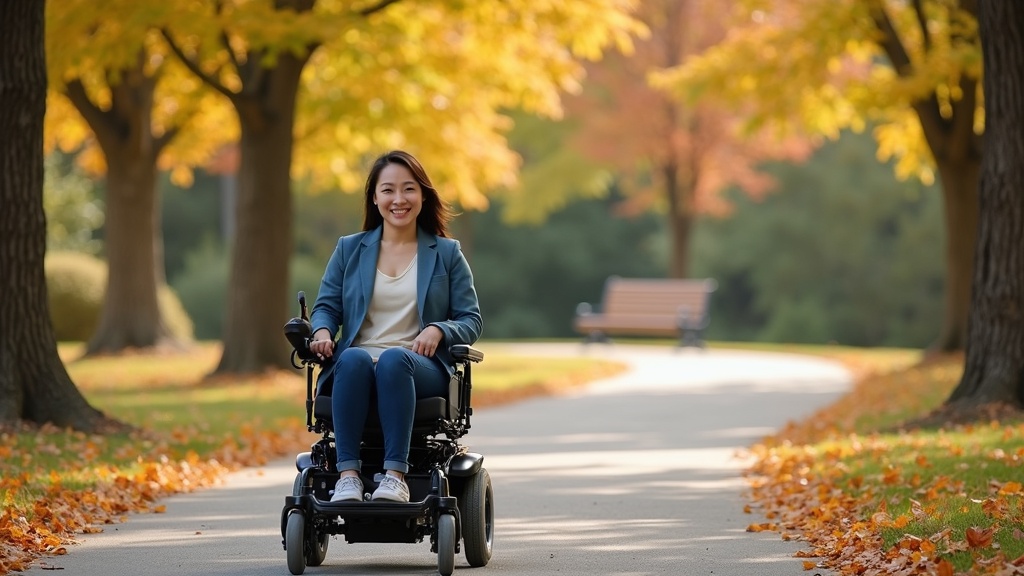Woman using power wheelchair on accessible park pathway enjoying community life after managing t6 autonomic dysfunction