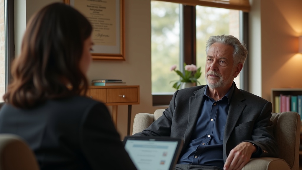 Patient in professional consultation discussing t6 autonomic dysfunction management with physiatry specialist in collaborative medical-legal setting