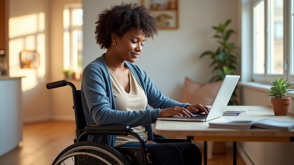 Woman using wheelchair working from accessible home office managing professional life after t6 autonomic dysfunction with independence