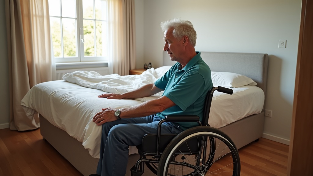 Wheelchair user in accessible home environment demonstrating long-term bed mobility after SCI independence