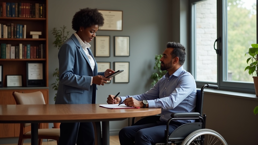 Physician consulting with wheelchair user about bed mobility after SCI medical-legal assessment and rehabilitation planning