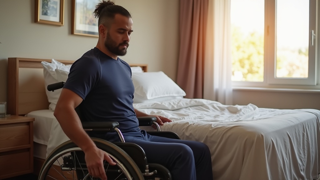 Man in wheelchair positioned beside bed preparing for independent transfer, demonstrating bed mobility after SCI independence