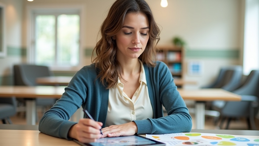 Woman engaged in cognitive rehabilitation therapy at modern brain injury treatment facility