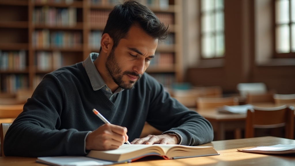 Hispanic man reading and taking notes during traumatic brain injury cognitive recovery process