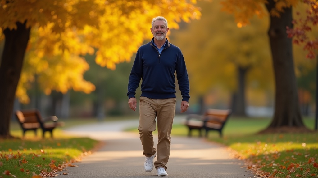 Man in his 40s walking peaceful park pathway during traumatic brain injury recovery journey