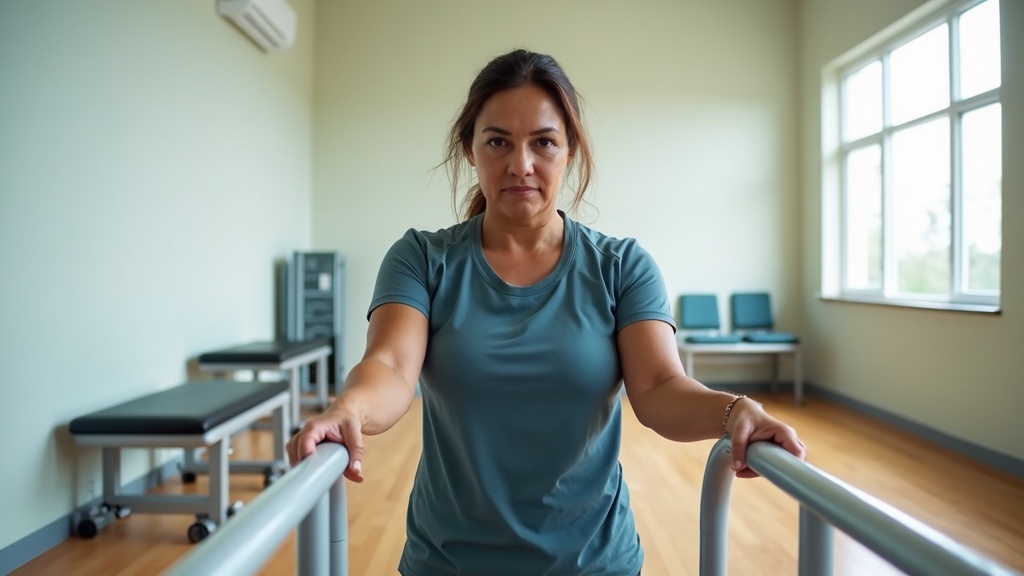 Hispanic woman engaged in upper extremity therapy during early stroke recovery milestones in rehabilitation facility