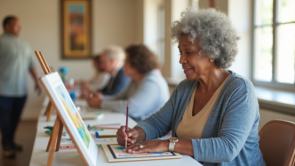 Black woman participating in community art class during long-term neurological rehabilitation and community reintegration