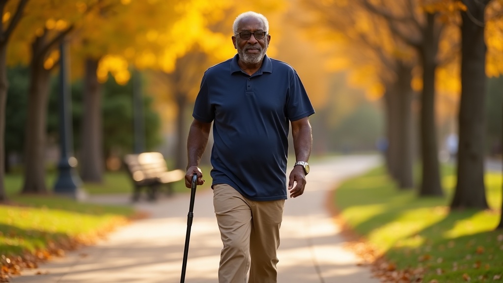 Black male stroke survivor walking independently on accessible park pathway during stroke recovery milestones journey