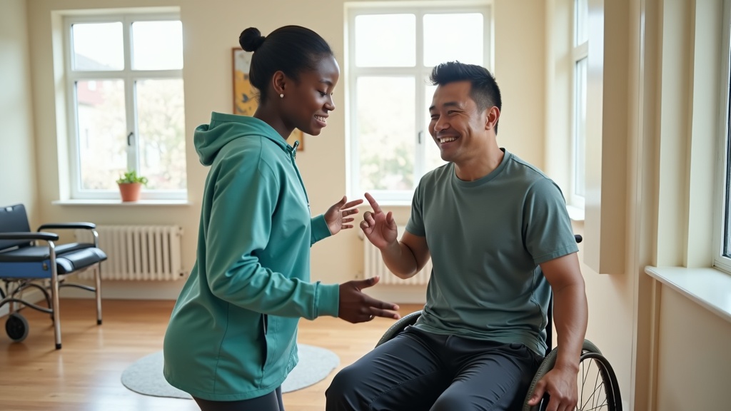 Modern spinal cord injury rehabilitation facility with adaptive equipment and bright accessible treatment spaces