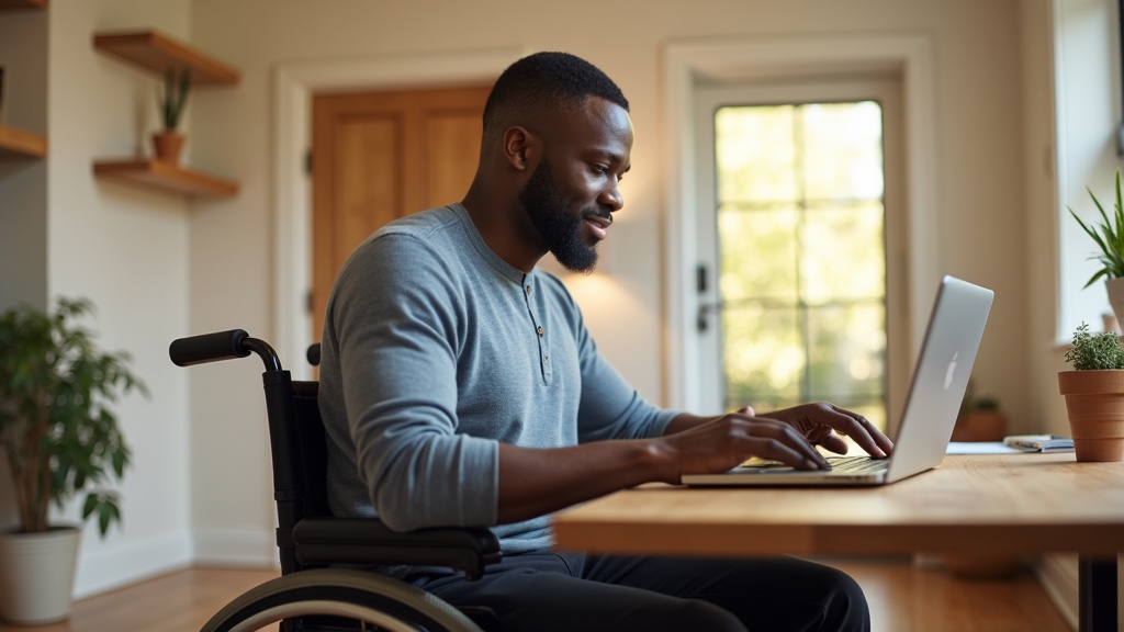 Wheelchair user in adapted home environment demonstrating long-term independence after spinal cord injury rehabilitation