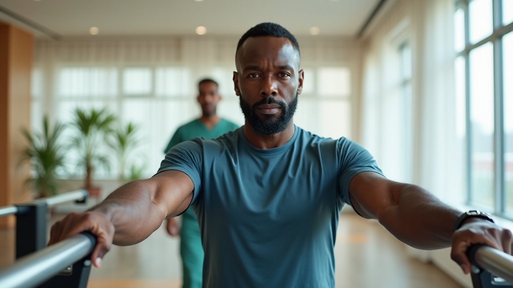 Man engaged in focused rehabilitation therapy demonstrating neural circuit retraining in spinal cord injury research