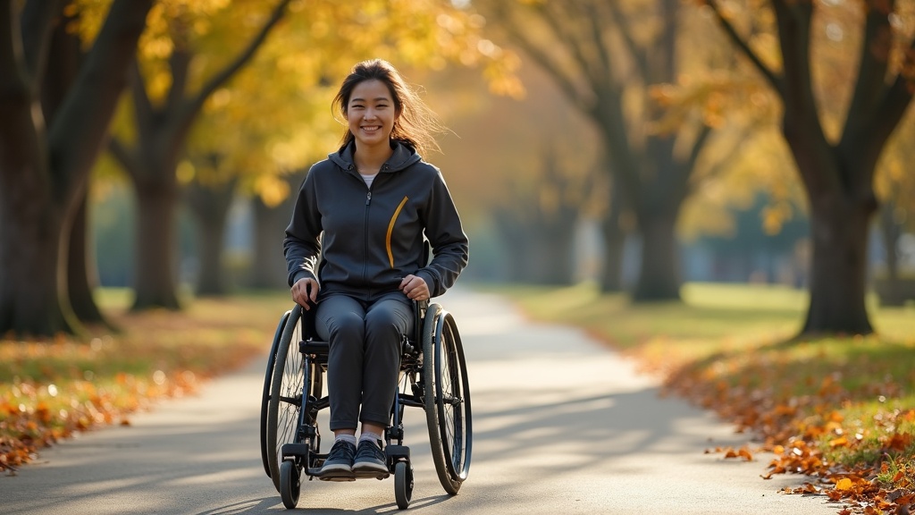 Woman using sport wheelchair on accessible park pathway