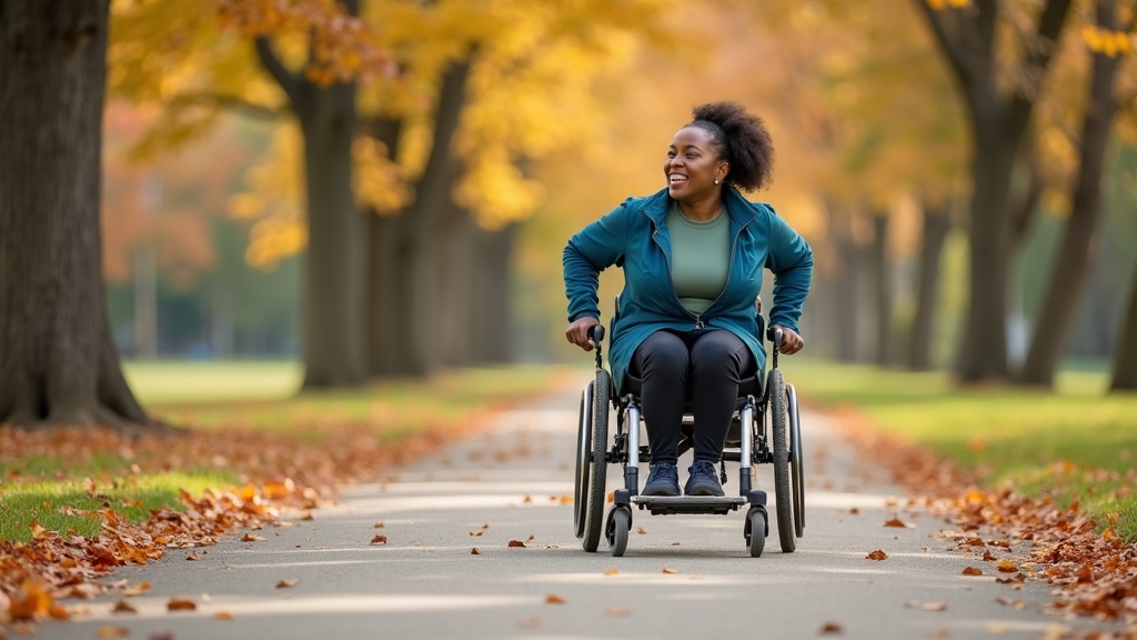 Woman using sport wheelchair on accessible park pathway representing community mobility needs in life care planning