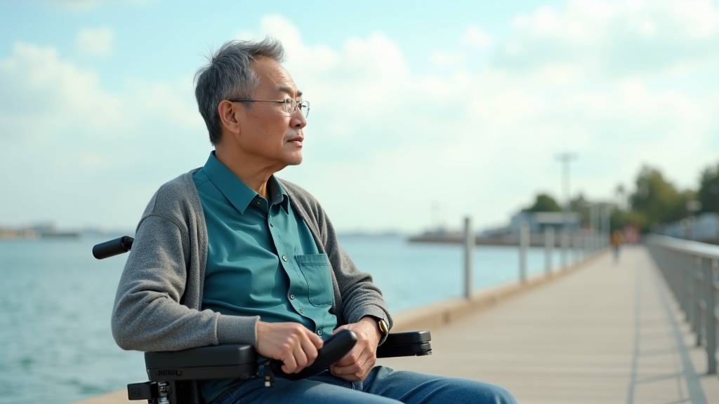 Man in power wheelchair on waterfront boardwalk illustrating quality of life outcomes in life care plans