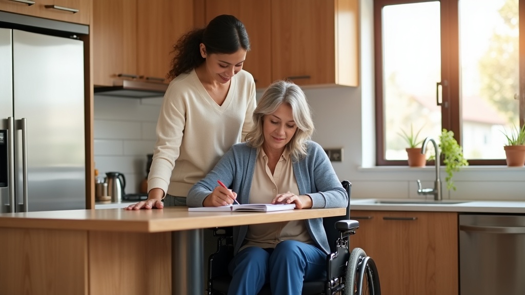 Mother and daughter reviewing life care plan documents in accessible home kitchen environment