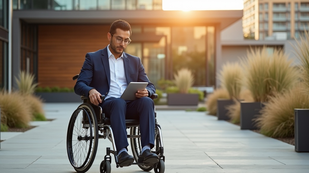 Professional reviewing life care plan documents on accessible workplace terrace using wheelchair and adaptive technology
