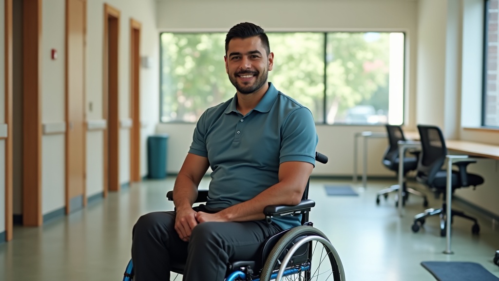 Physiatrist conducting functional assessment in modern rehabilitation facility for catastrophic injury case evaluation