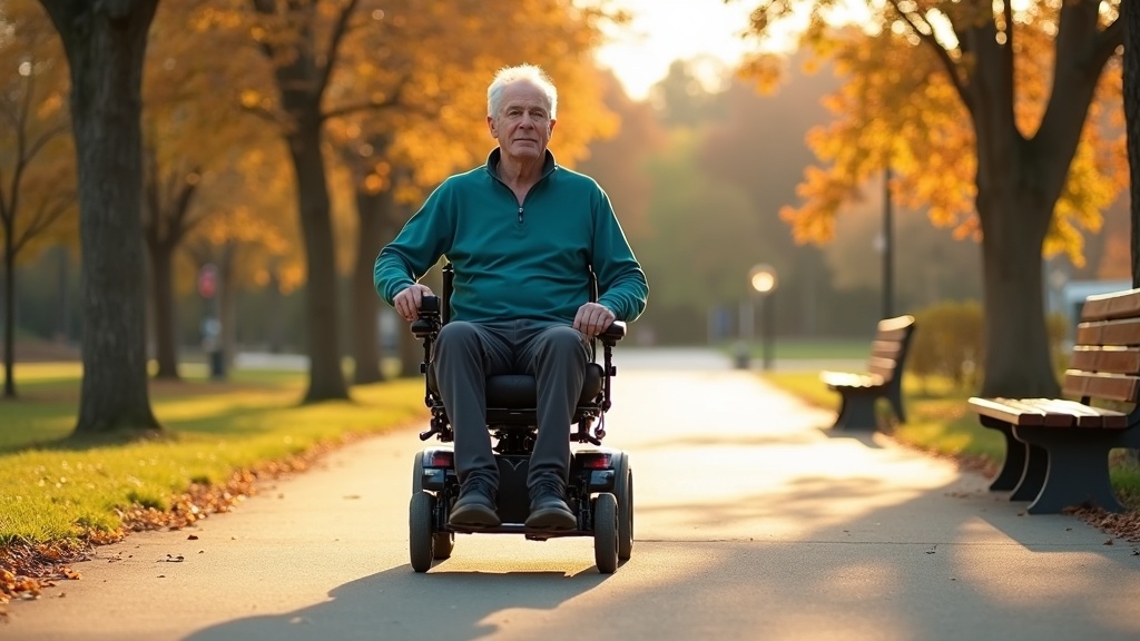 Wheelchair user demonstrating independent mobility on accessible outdoor pathway during rehabilitation