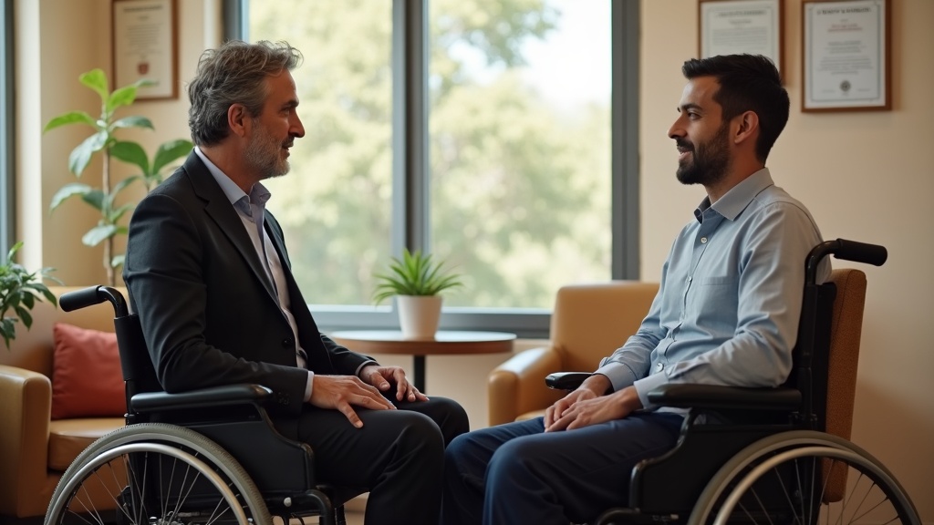 Physiatrist conducting life care plan personal injury assessment with patient in professional consultation setting