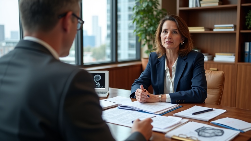 Physiatrist reviewing life care plan personal injury documentation with attorney in professional medical-legal consultation office