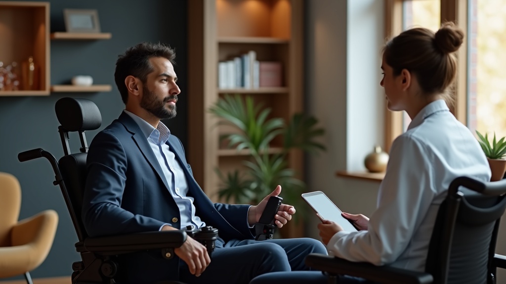 Physician consulting with spinal cord injury patient in professional office about life expectancy and health management