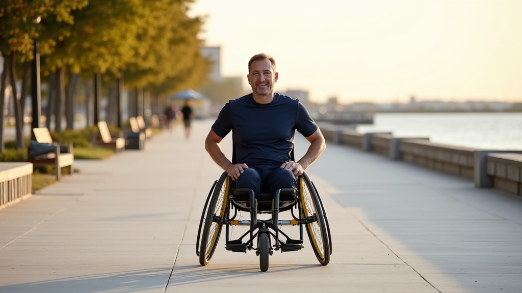 Man using sport wheelchair on accessible waterfront boardwalk, spinal cord injury life expectancy reflected in active independent living