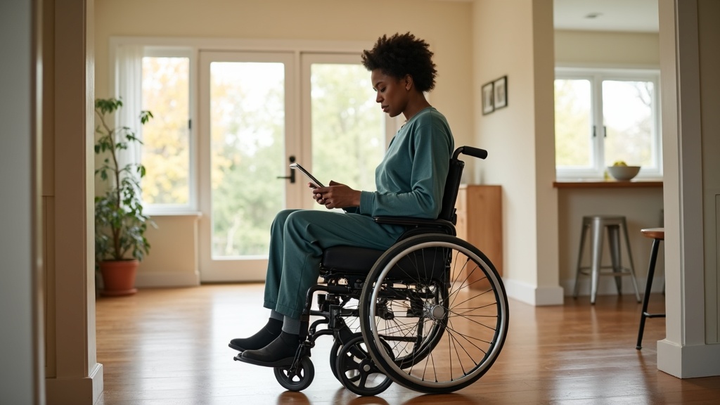 Woman with spinal cord injury using power wheelchair in accessible home environment with adaptive design features