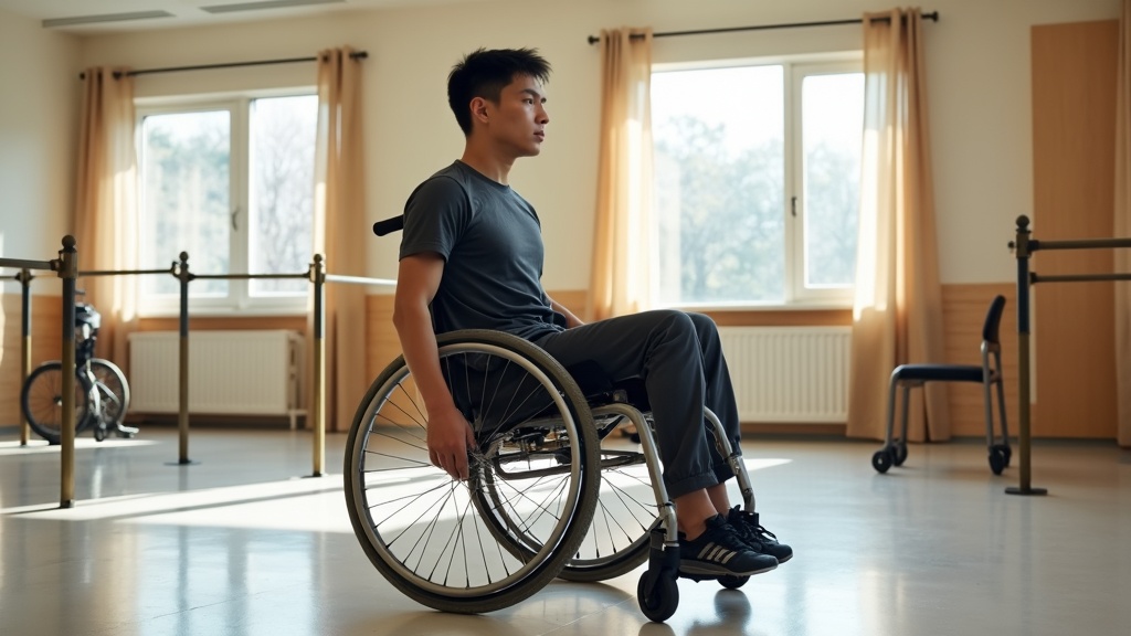 Professional guiding adaptive mobility training with specialized equipment in accessible rehabilitation facility