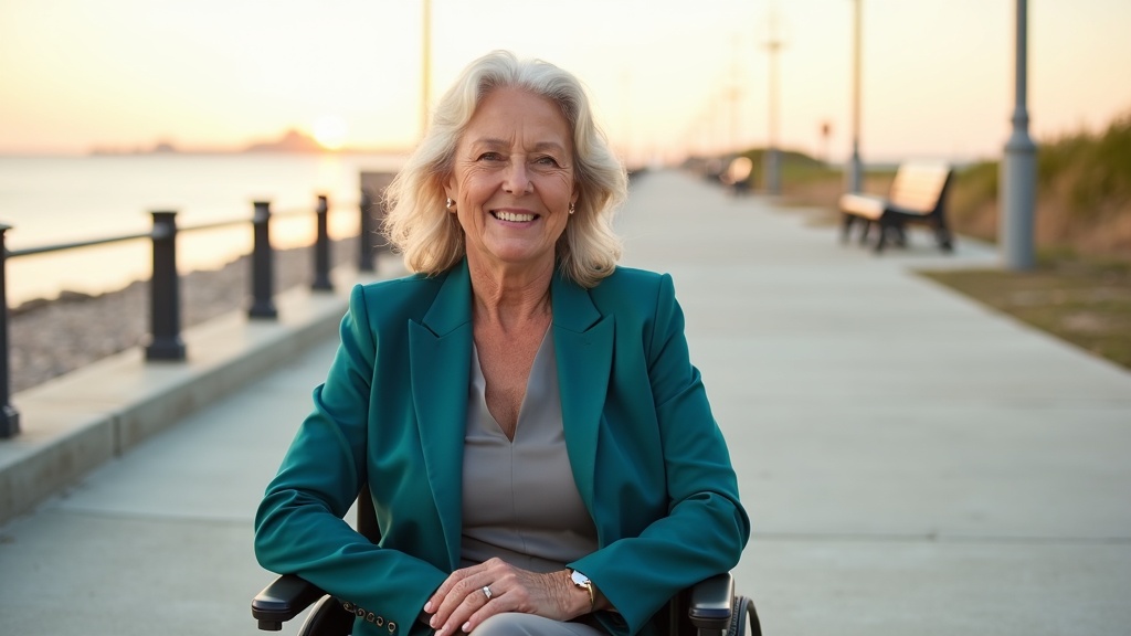 Woman with long-term disability enjoying accessible waterfront boardwalk, demonstrating quality of life and community participation