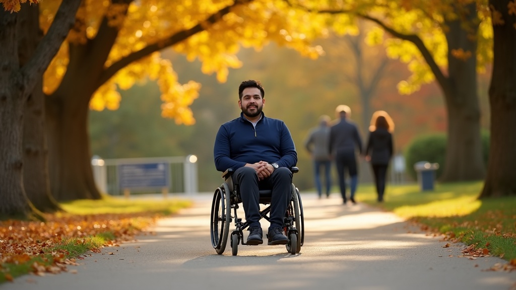 Man using wheelchair on accessible park pathway representing home care for spinal cord injury independence and community mobility