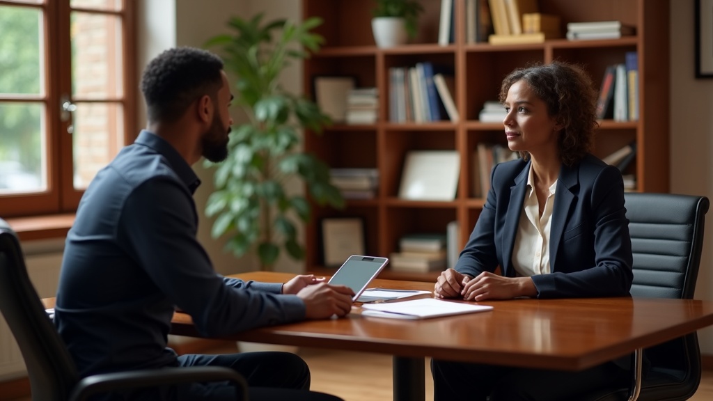 Physiatrist reviewing long-term medical documentation with patient in professional office setting