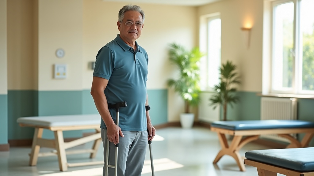 Individual using adaptive equipment during functional rehabilitation assessment in clinical setting