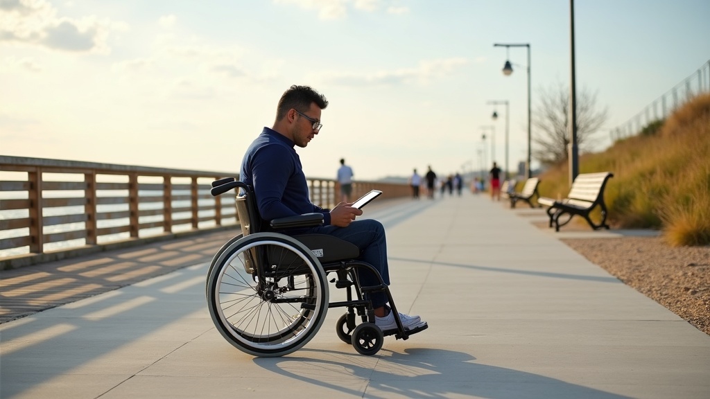 Wheelchair user on accessible waterfront boardwalk reviewing future medical care workers compensation documentation with confidence