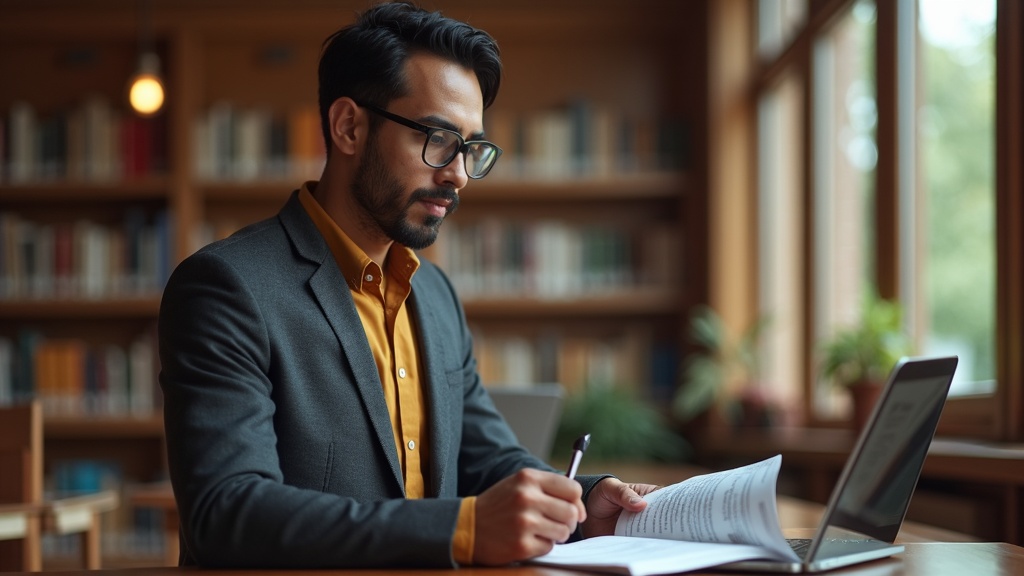 Medical professional analyzing functional outcome measures and clinical data in scholarly library setting