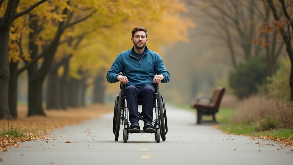 Wheelchair user on accessible park pathway representing catastrophic injury rehabilitation and independence