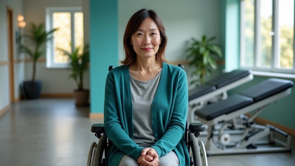 Individual with spinal cord injury using adaptive equipment in modern rehabilitation facility