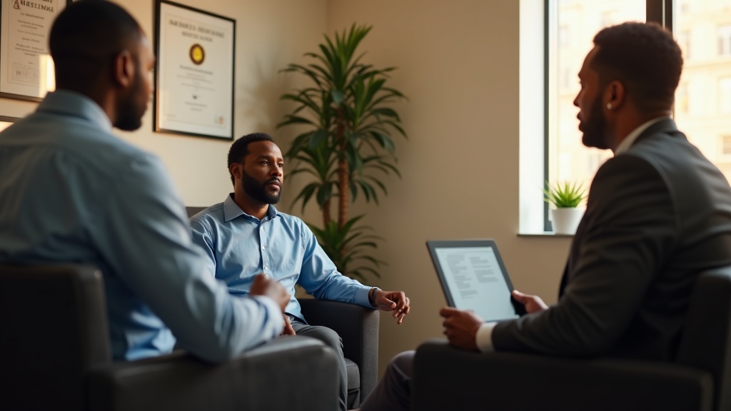 Physician consulting with patient in professional medical office about catastrophic injury evaluation