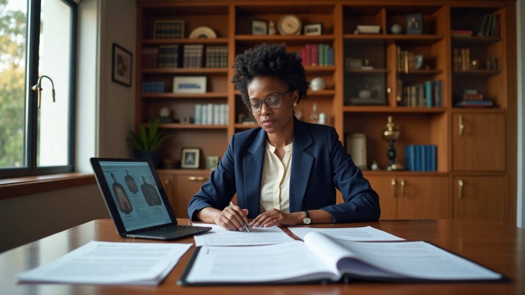 Physiatrist reviewing medical records and legal documents at professional conference table for catastrophic injury case assessment