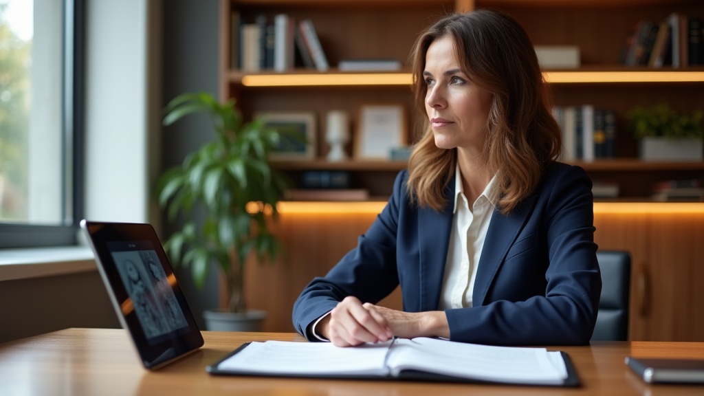 Female physiatrist reviewing medical records and legal documents for qualifying an expert witness in medical-legal office