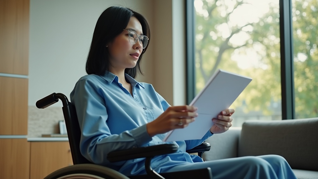 Physician expert witness with spinal cord injury conducting medical-legal case review in professional office