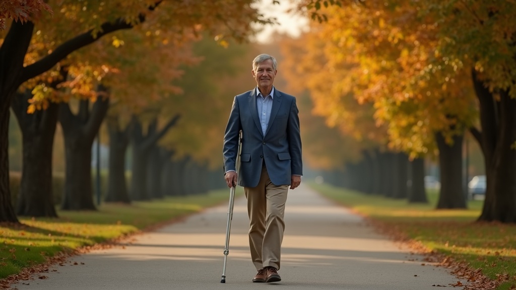 Physician expert witness with mobility impairment walking accessible pathway demonstrating rehabilitation expertise