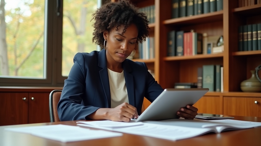Physician expert witness reviewing medical-legal case materials in professional office with law books and medical references